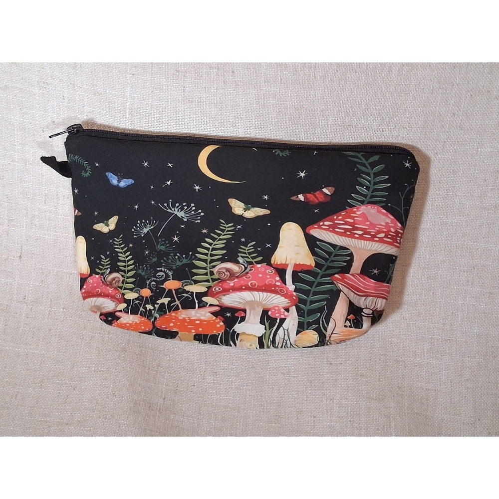 Mushroom Crescent Moon Makeup Bag Cottagecore Butterfly Snail Zipper Pouch Black - Picture 6 of 6
